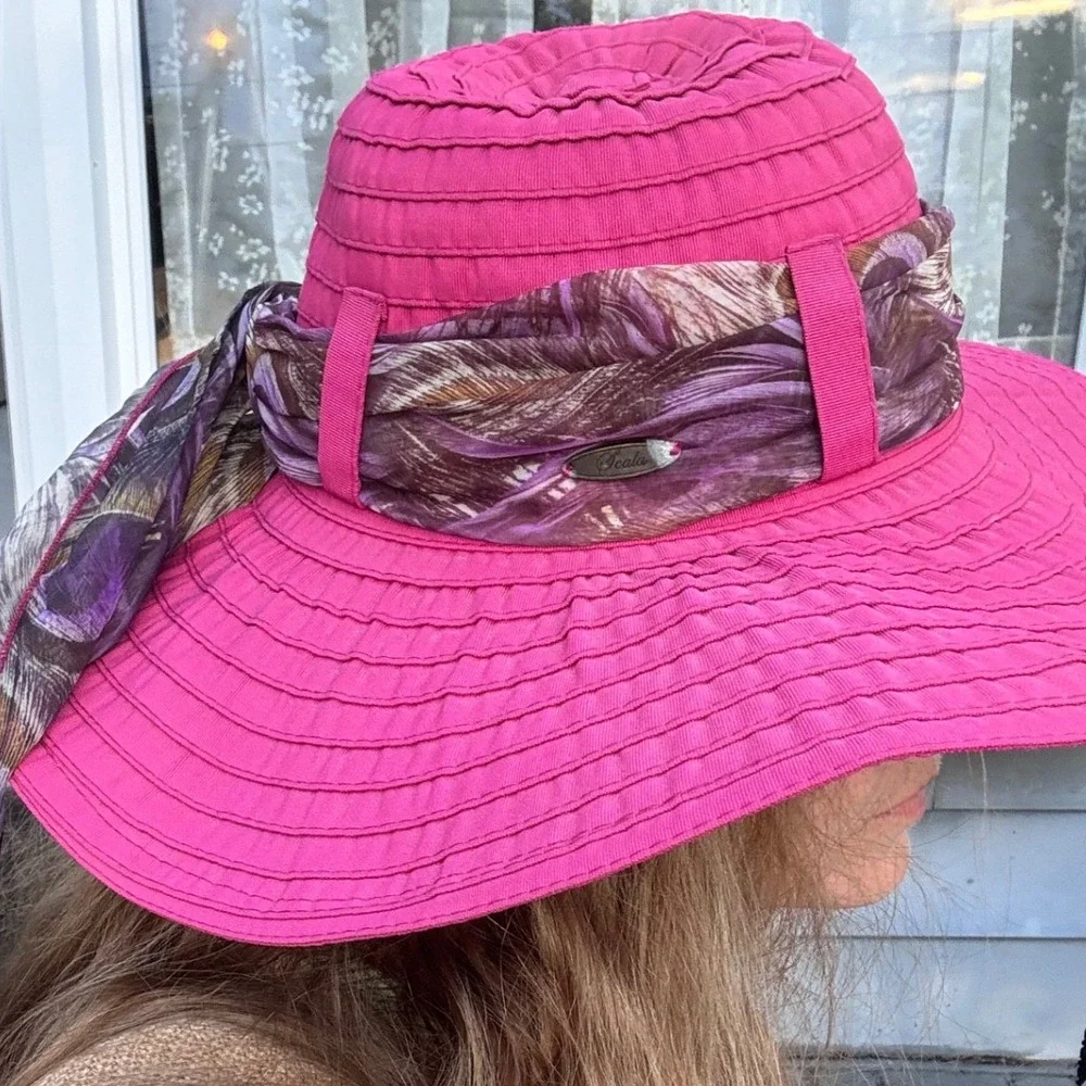 Wide Brim Grosgrain‎ Sun Hat Scala Fuchsia Pink Peacock Scarf